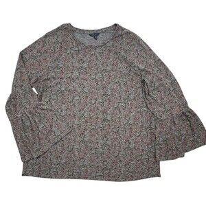 Lucky Brand Abstract Floral Knit Bell Sleeve Top Plus 2X Heather Gray Pink